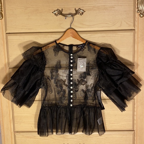 NWT Sister Jane Dream tiered flutter sleeve peplum rhinestone crystal blouse - Picture 5 of 16